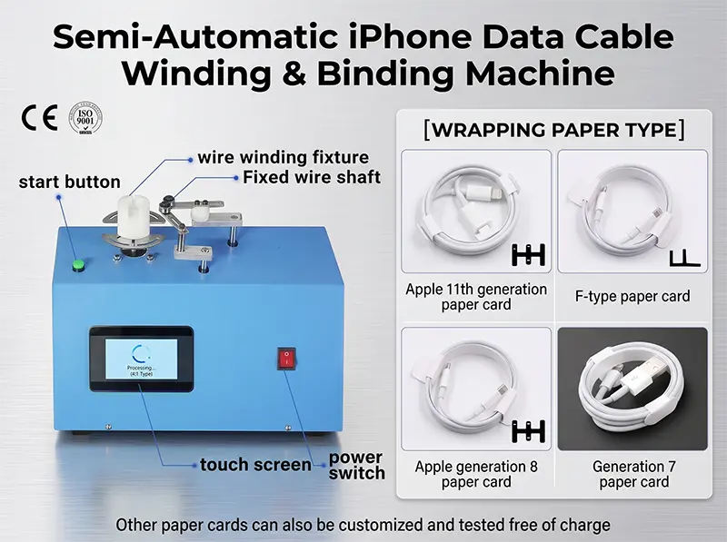 Yarı Otomatik iPhone Data Kablosu Sarma & Bağlama Makinesi WPM-K287 | Kablo Üretiminde Verimlilik